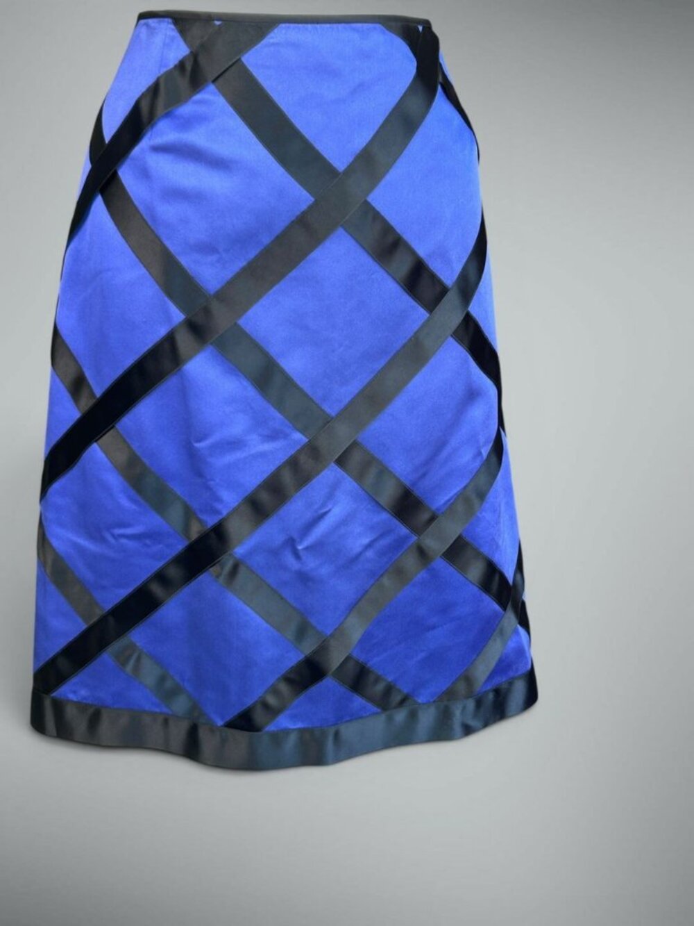 Carlisle Royal Blue - Black Crisscross Ribbons Silk Blend Pencil Skirt Size 12